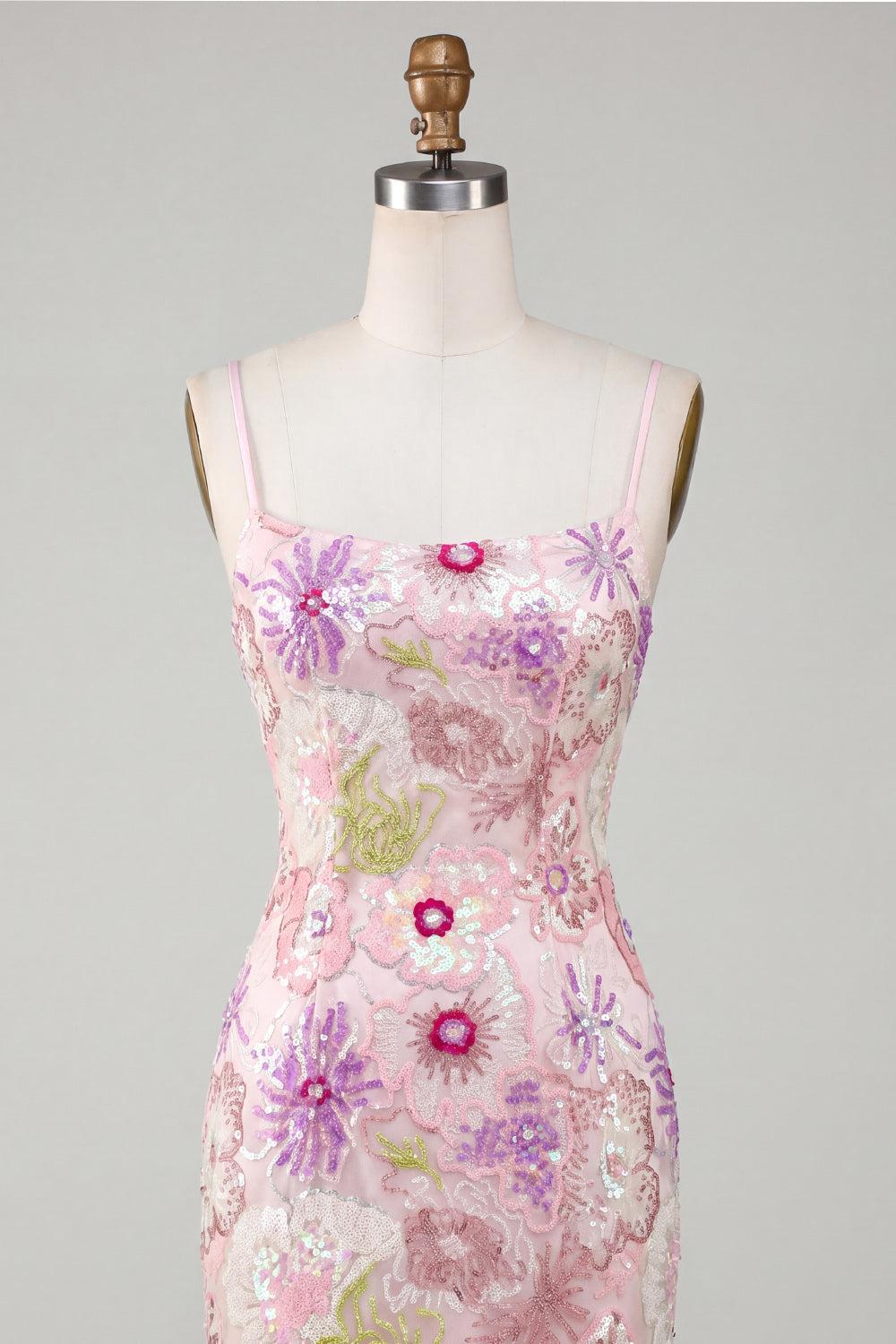 Dressystars Pink Sequin Floral Spaghetti Straps Tight Short Homecoming Dress