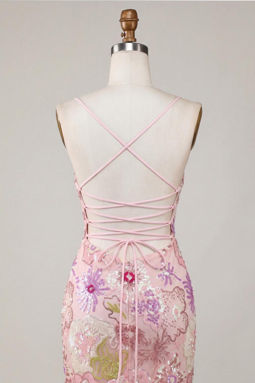 Dressystars Pink Sequin Floral Spaghetti Straps Tight Short Homecoming Dress