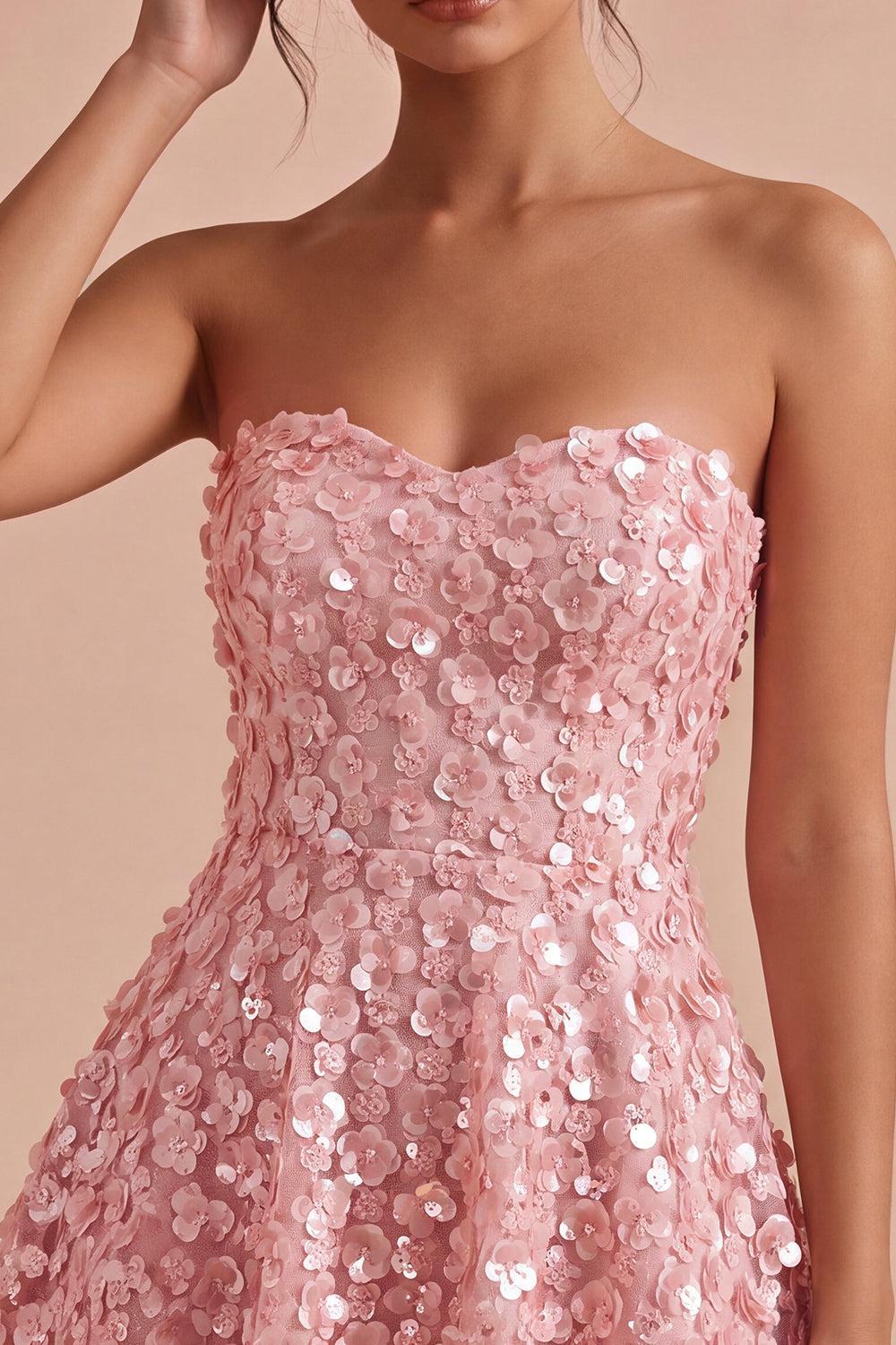 Dressystars Pink Sequins Floral Strapless A Line Short Homecoming Dress