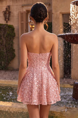 Dressystars Pink Sequins Floral Strapless A Line Short Homecoming Dress