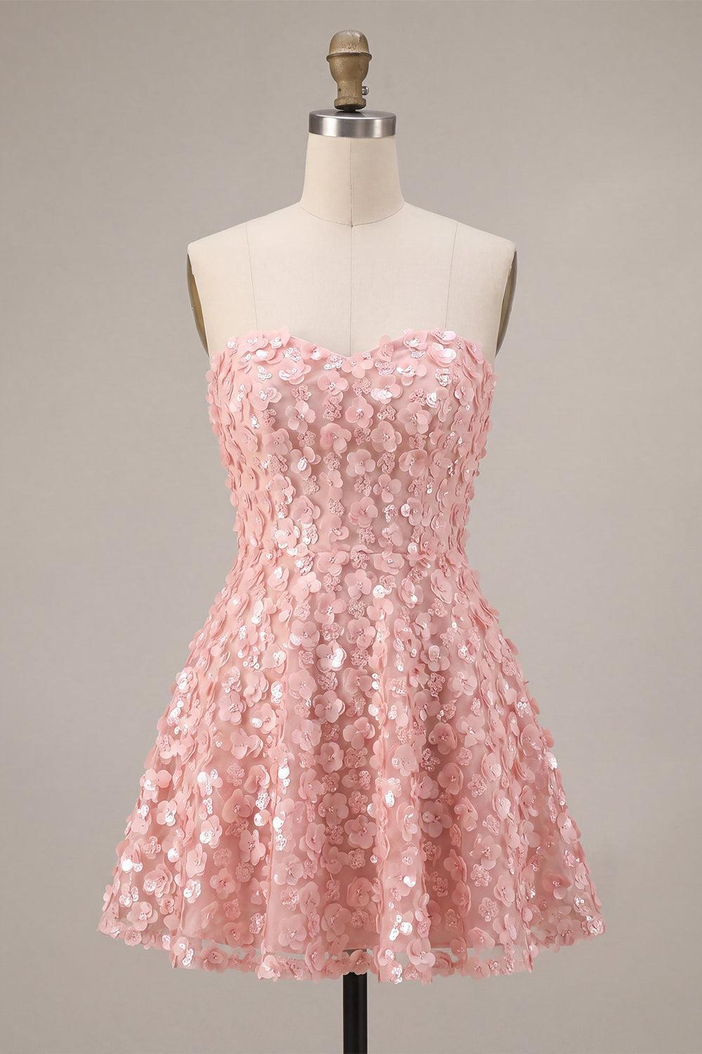 Dressystars Pink Sequins Floral Strapless A Line Short Homecoming Dress