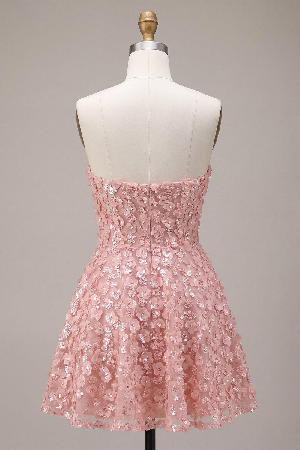 Dressystars Pink Sequins Floral Strapless A Line Short Homecoming Dress