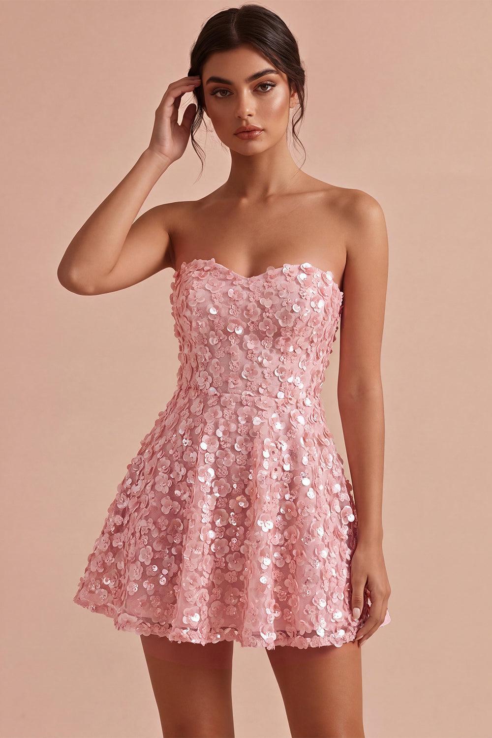 Dressystars Pink Sequins Floral Strapless A Line Short Homecoming Dress