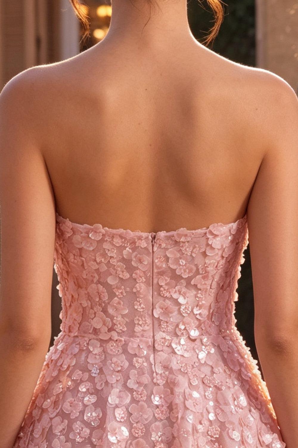 Dressystars Pink Sequins Floral Strapless A Line Short Homecoming Dress