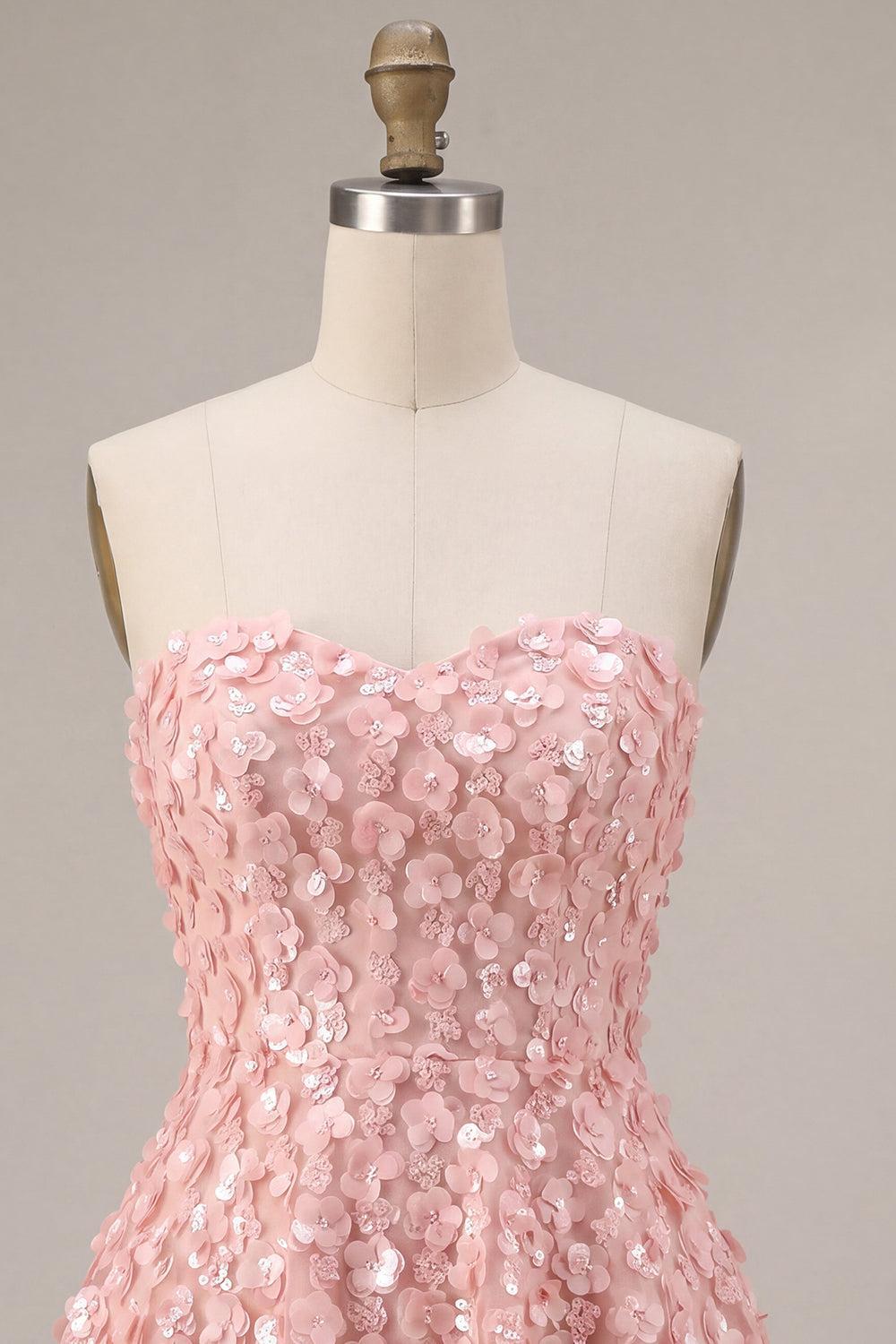 Dressystars Pink Sequins Floral Strapless A Line Short Homecoming Dress