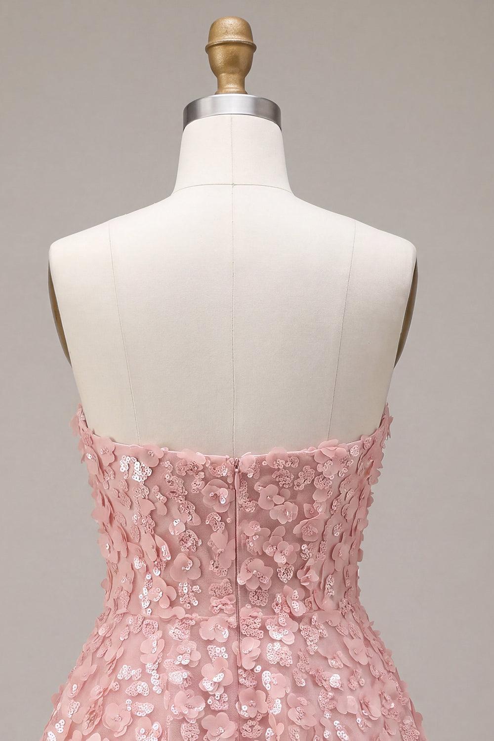 Dressystars Pink Sequins Floral Strapless A Line Short Homecoming Dress