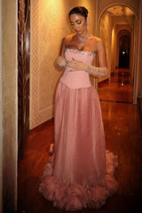 Dressystars Pink Strapless Corset Prom Dress With Beaded Bodice And Tulle Skirt Formal Evening Gown