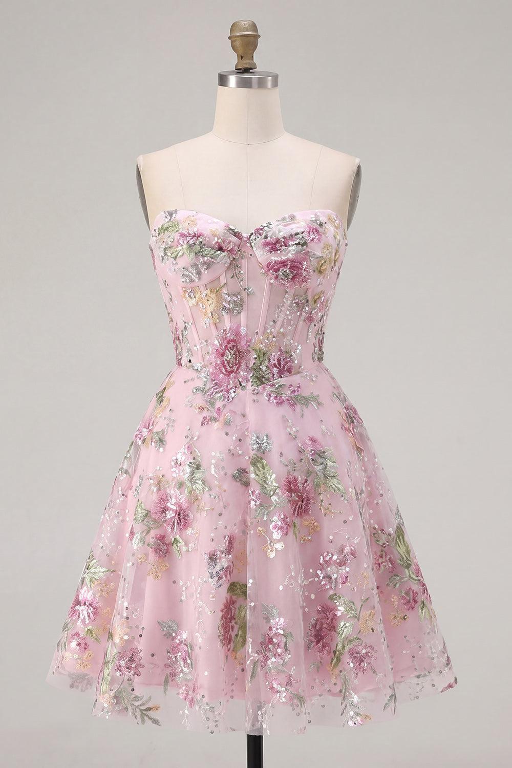Dressystars Pink Strapless Floral Beaded A-Line Corset Short Homecoming Dress