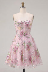 Dressystars Pink Strapless Floral Beaded A-Line Corset Short Homecoming Dress