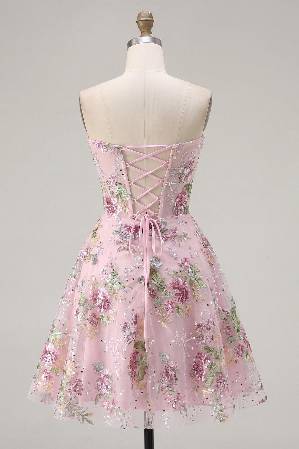 Dressystars Pink Strapless Floral Beaded A-Line Corset Short Homecoming Dress
