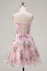 Dressystars Pink Strapless Floral Beaded A-Line Corset Short Homecoming Dress