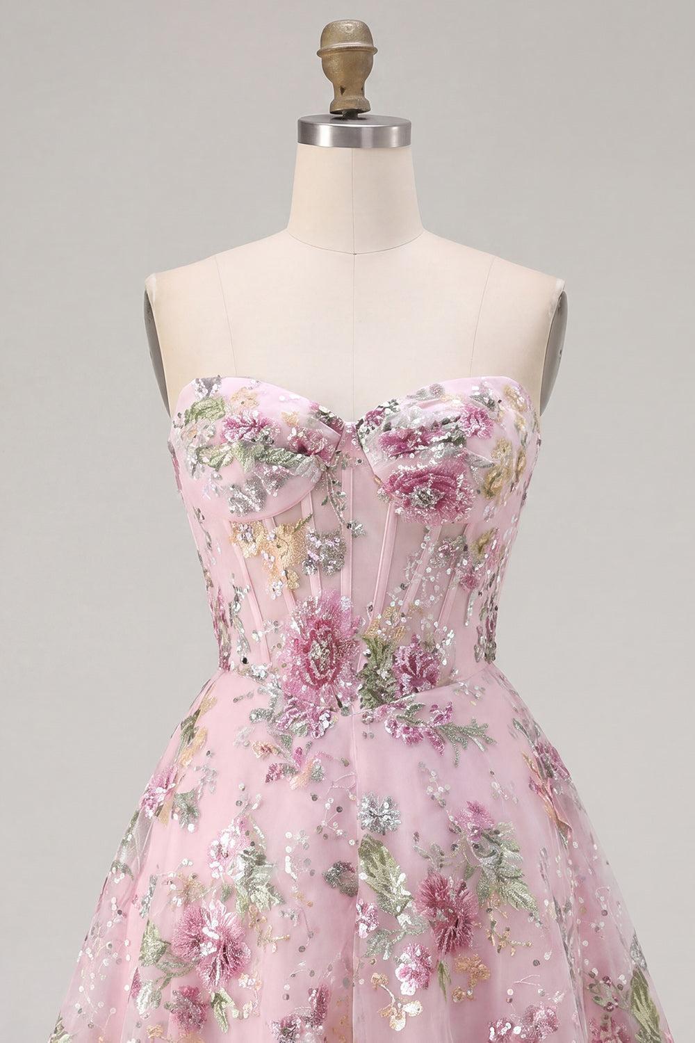 Dressystars Pink Strapless Floral Beaded A-Line Corset Short Homecoming Dress