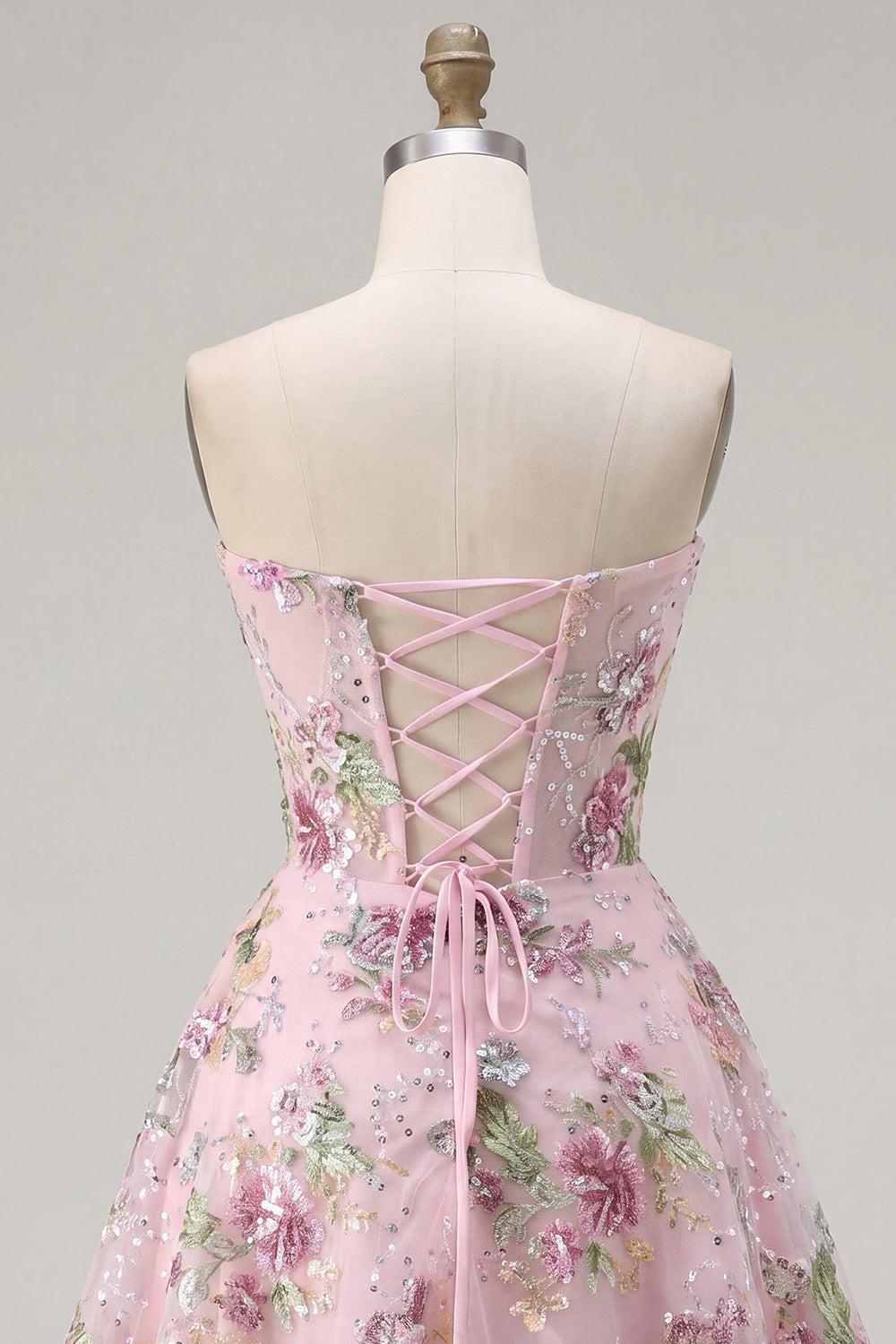 Dressystars Pink Strapless Floral Beaded A-Line Corset Short Homecoming Dress