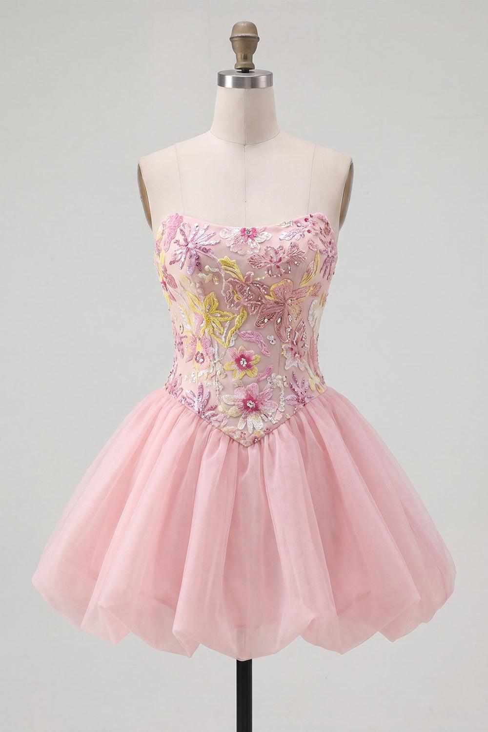 Dressystars Pink Strapless Floral Beaded A-Line Short Homecoming Dress
