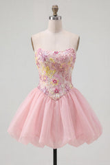Dressystars Pink Strapless Floral Beaded A-Line Short Homecoming Dress