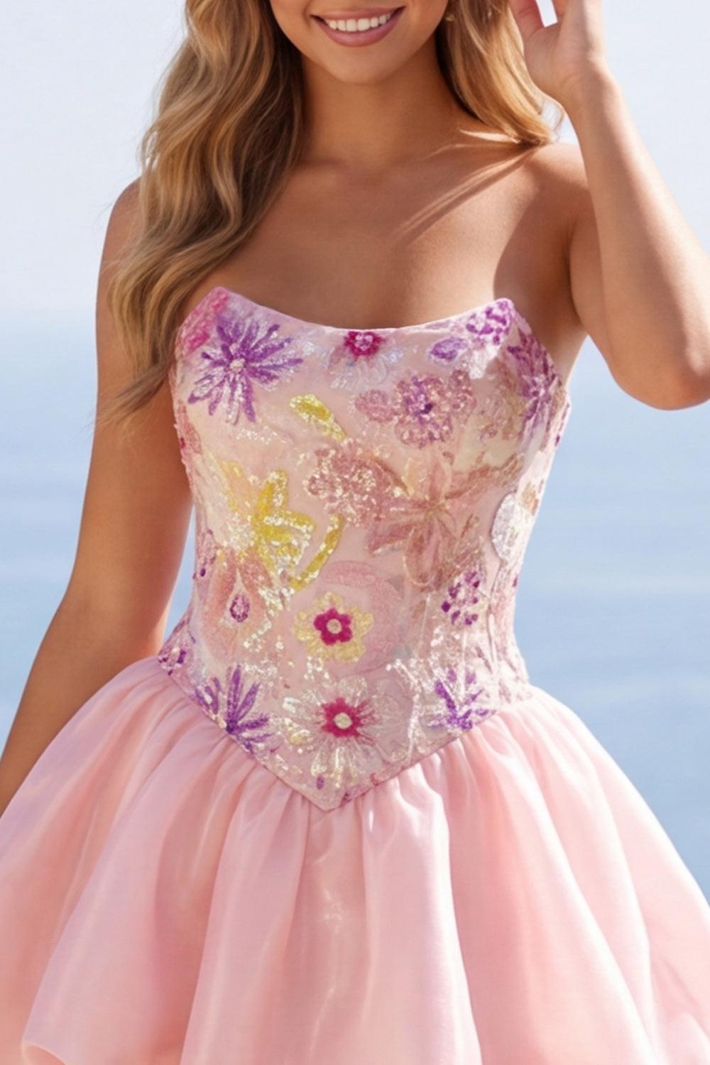 Dressystars Pink Strapless Floral Beaded A-Line Short Homecoming Dress