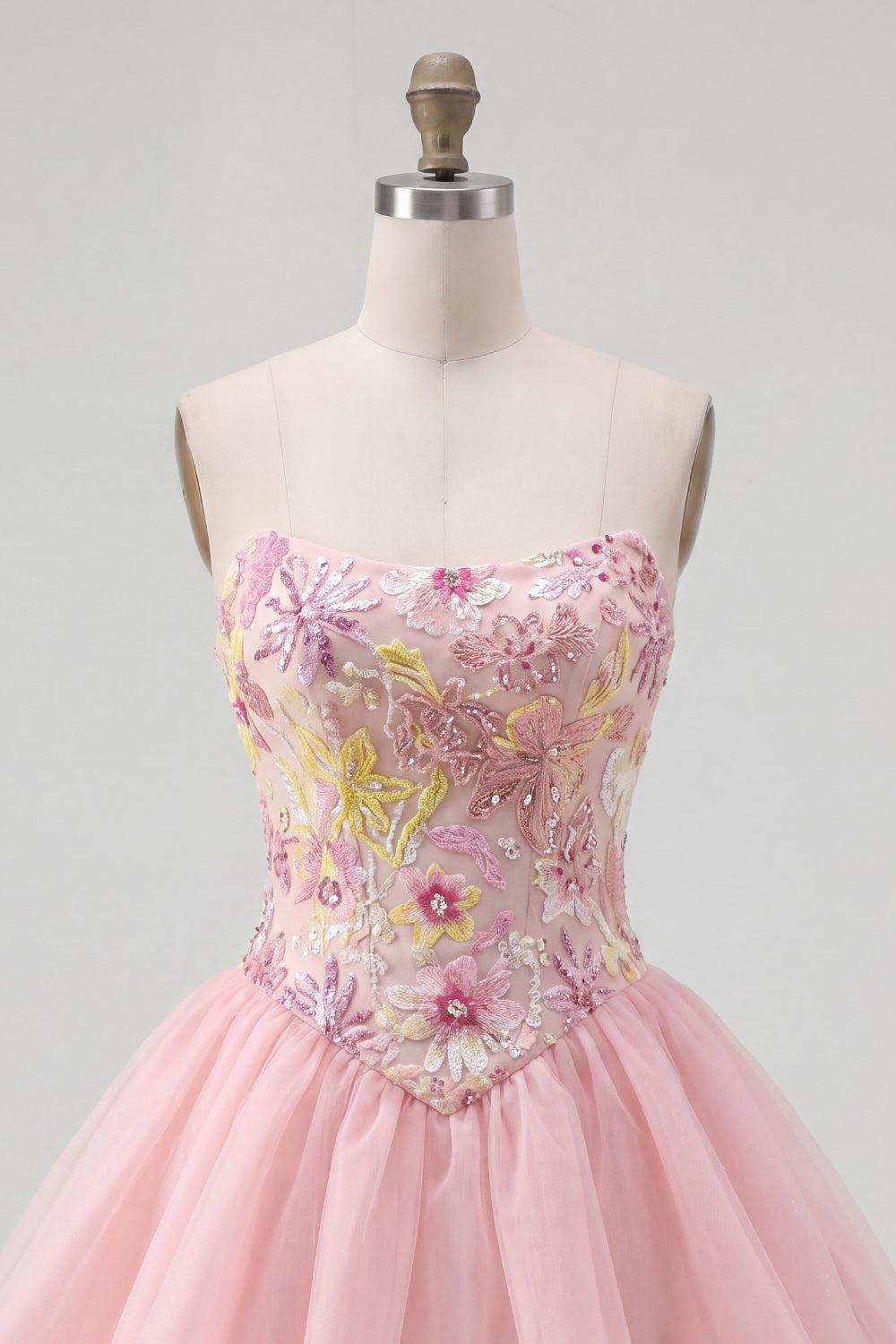 Dressystars Pink Strapless Floral Beaded A-Line Short Homecoming Dress