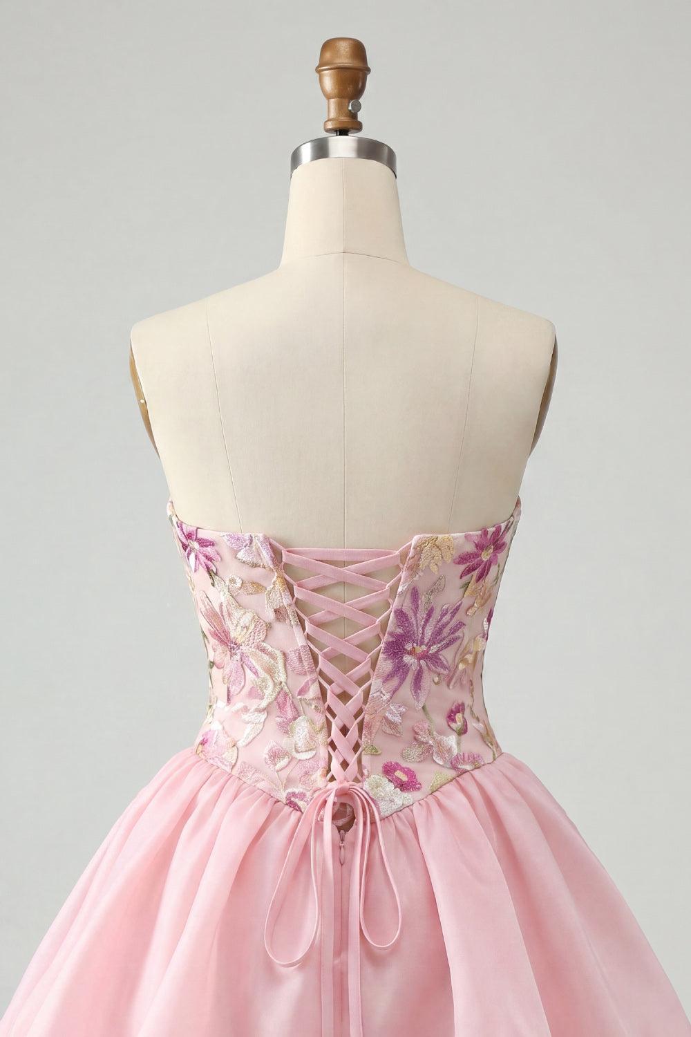 Dressystars Pink Strapless Floral Beaded A-Line Short Homecoming Dress