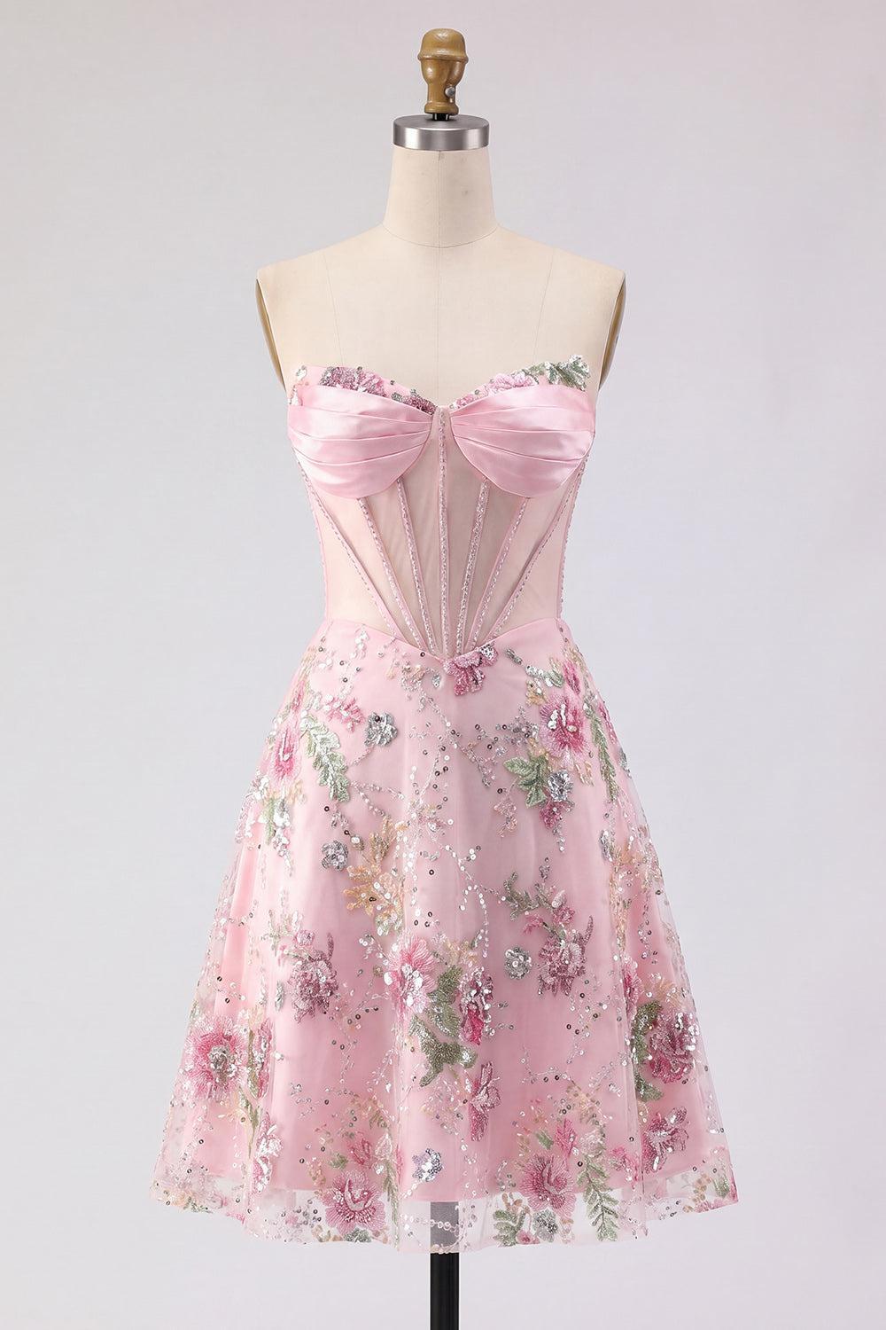 Dressystars Pink Strapless Floral Beaded Corset A-Line Short Homecoming Dress