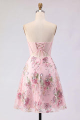 Dressystars Pink Strapless Floral Beaded Corset A-Line Short Homecoming Dress