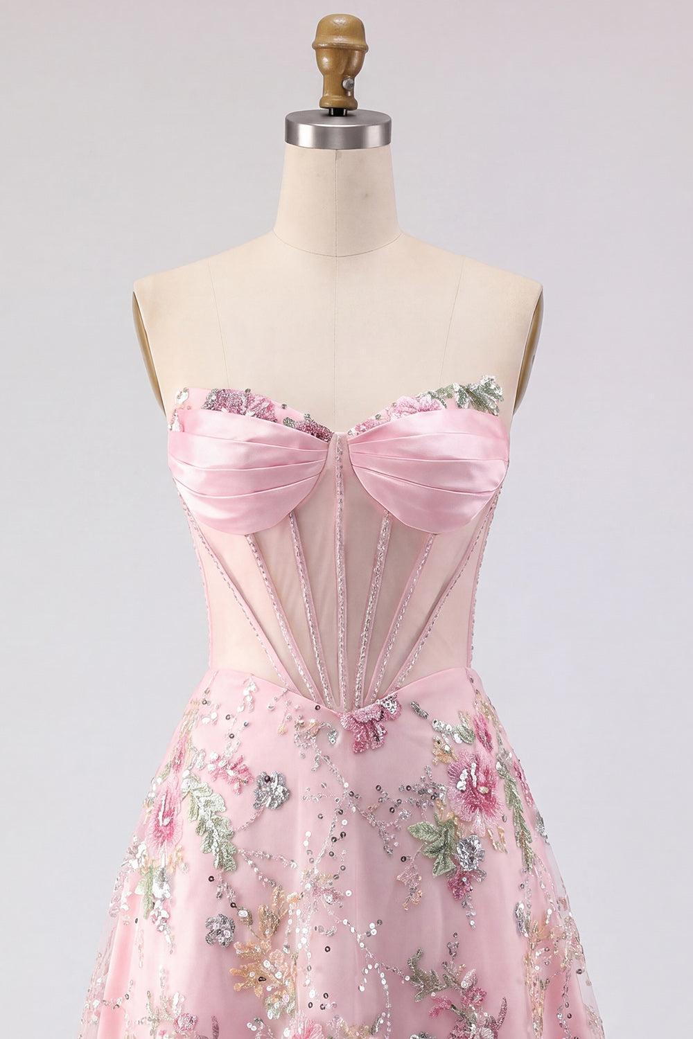 Dressystars Pink Strapless Floral Beaded Corset A-Line Short Homecoming Dress