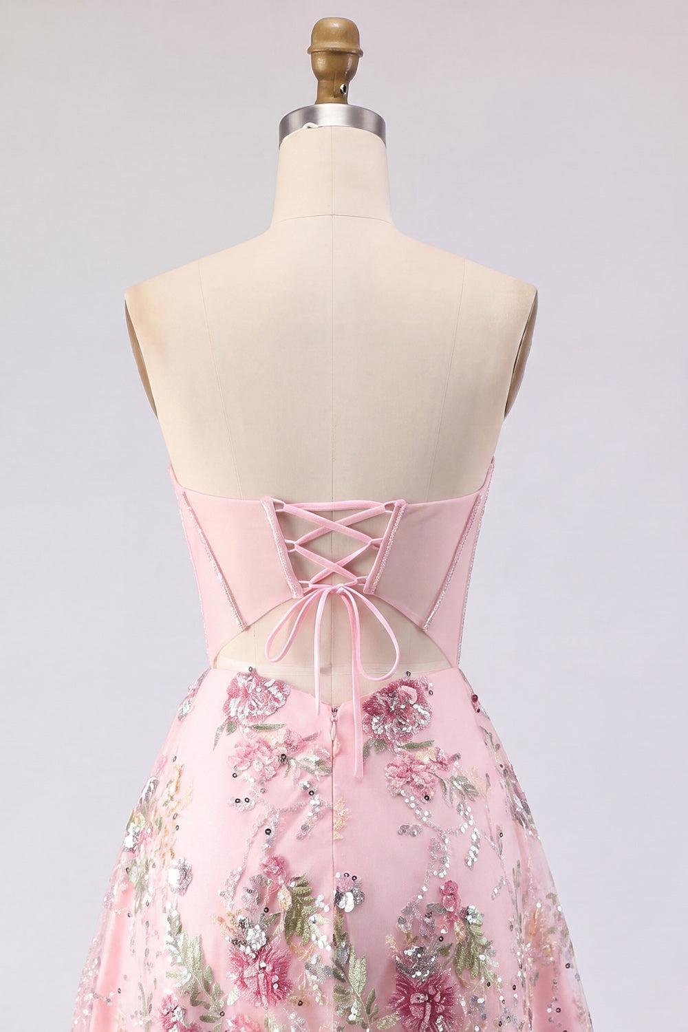 Dressystars Pink Strapless Floral Beaded Corset A-Line Short Homecoming Dress