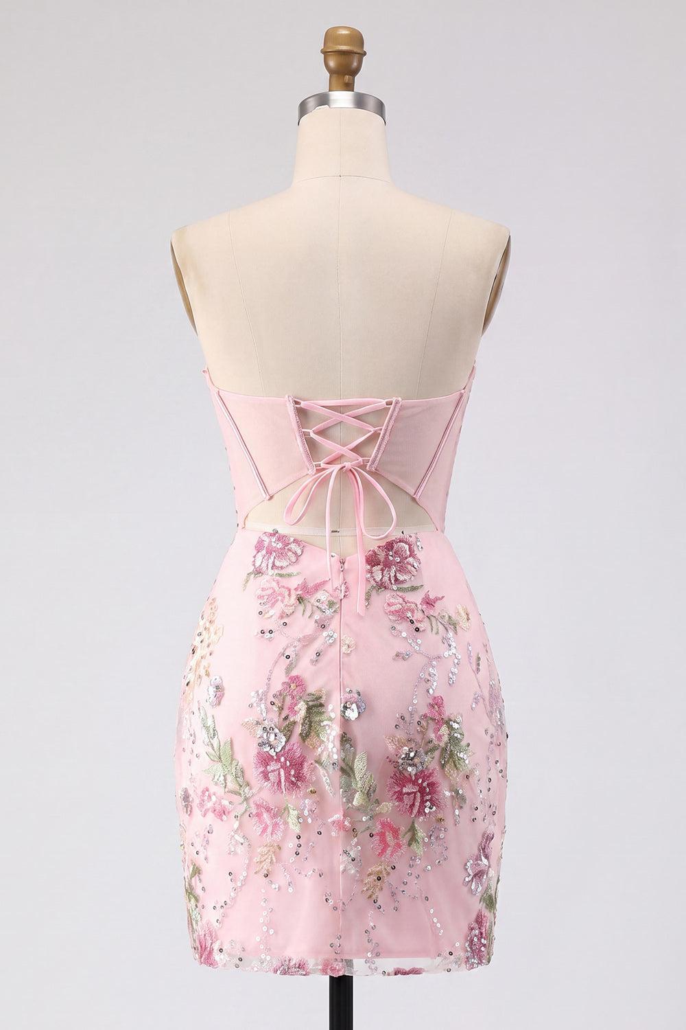Dressystars Pink Strapless Floral Beaded Corset Tight Short Homecoming Dress
