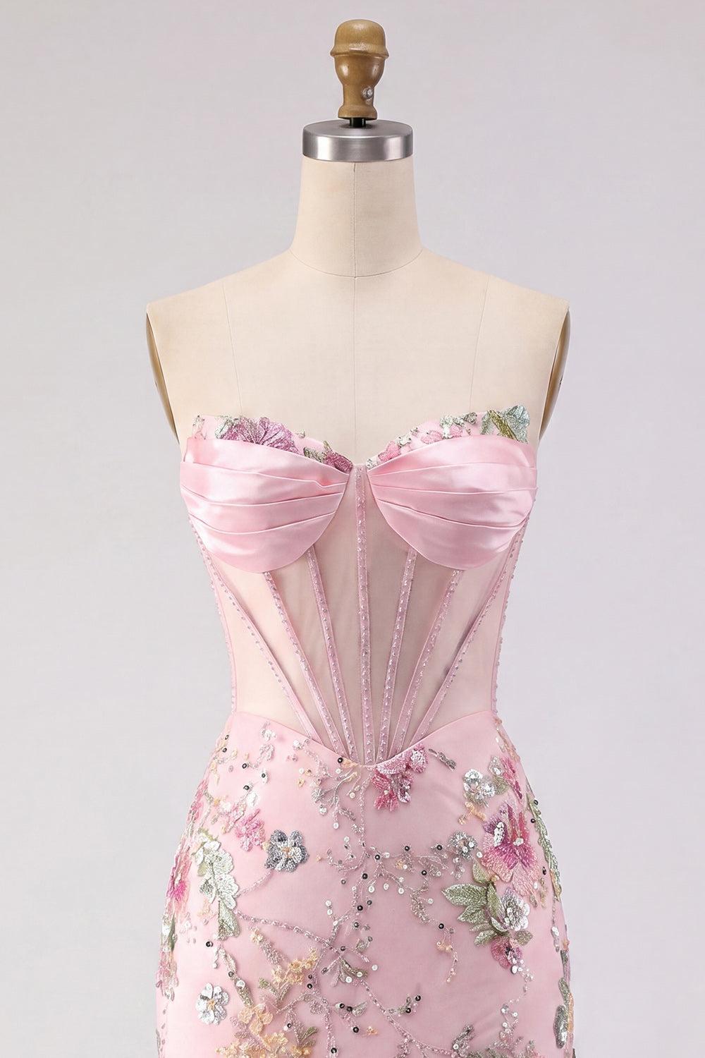 Dressystars Pink Strapless Floral Beaded Corset Tight Short Homecoming Dress