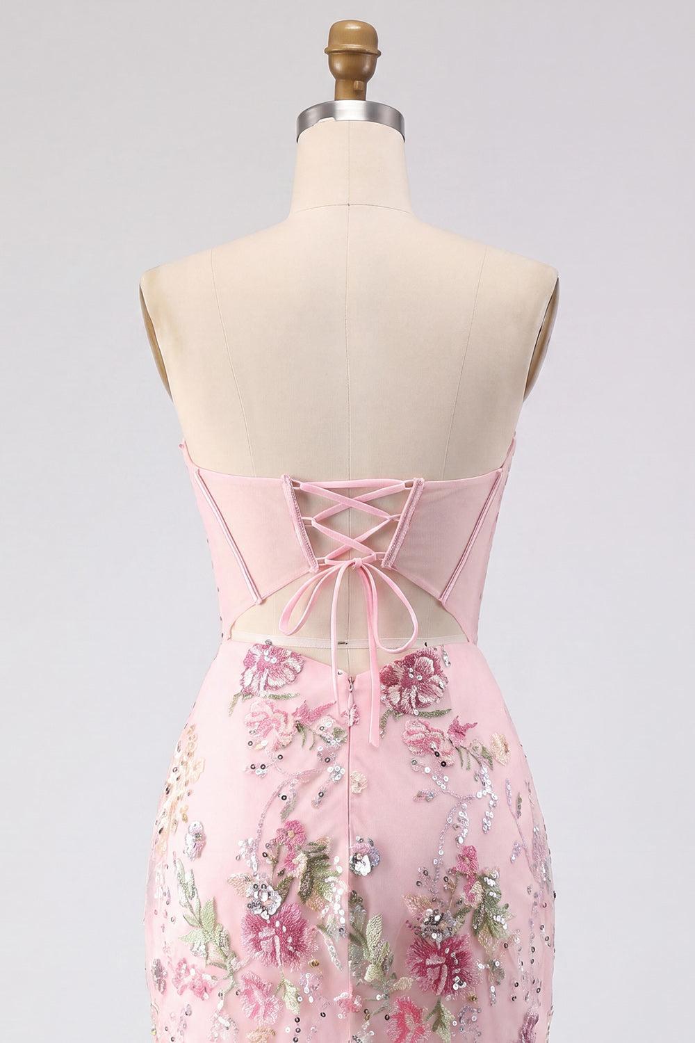 Dressystars Pink Strapless Floral Beaded Corset Tight Short Homecoming Dress