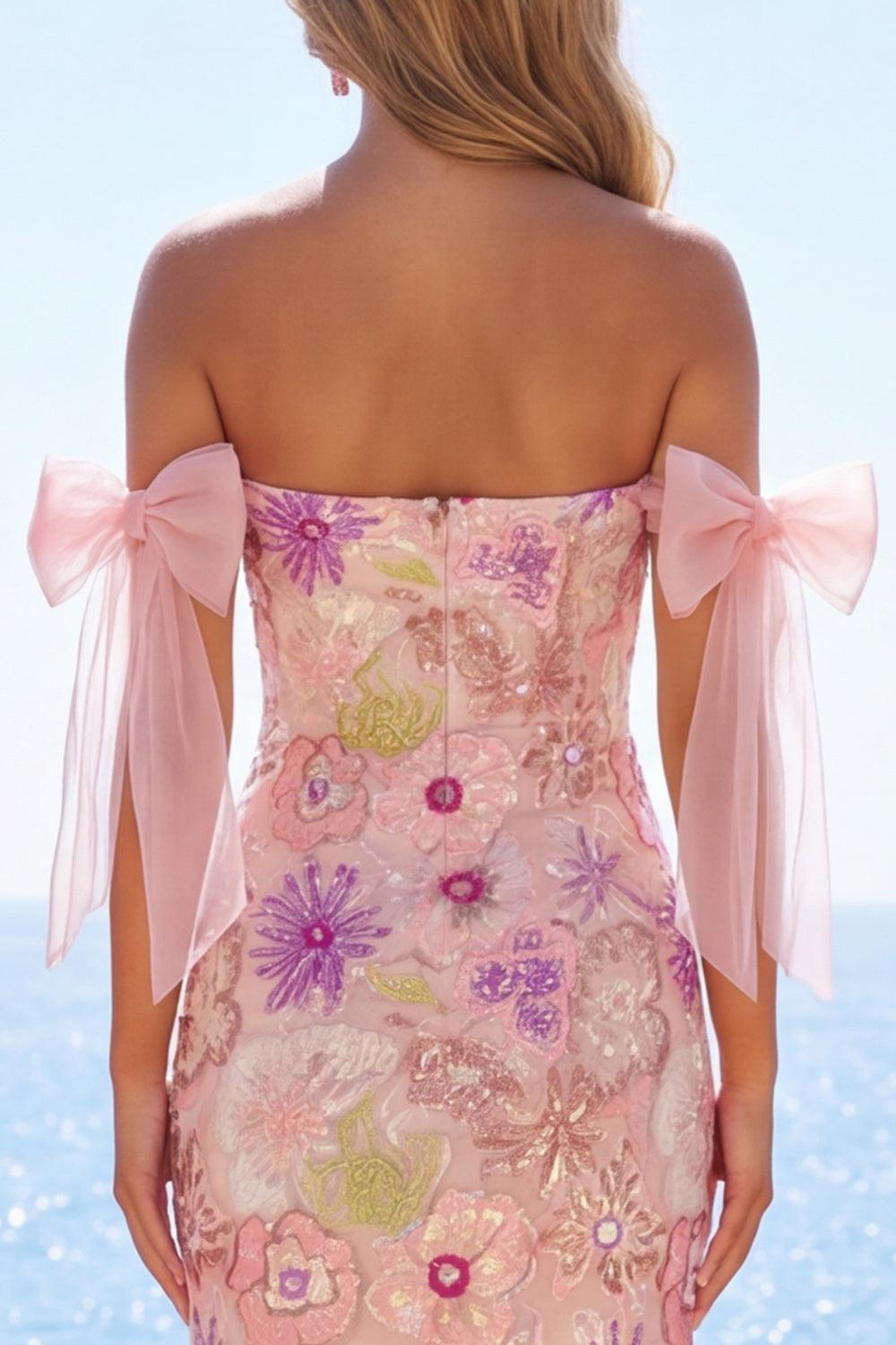 Dressystars Pink Strapless Floral Beaded Tight Short Homecoming Dress with Bows