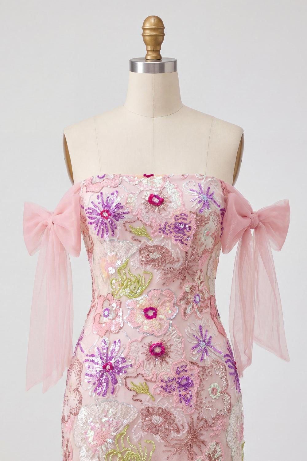 Dressystars Pink Strapless Floral Beaded Tight Short Homecoming Dress with Bows