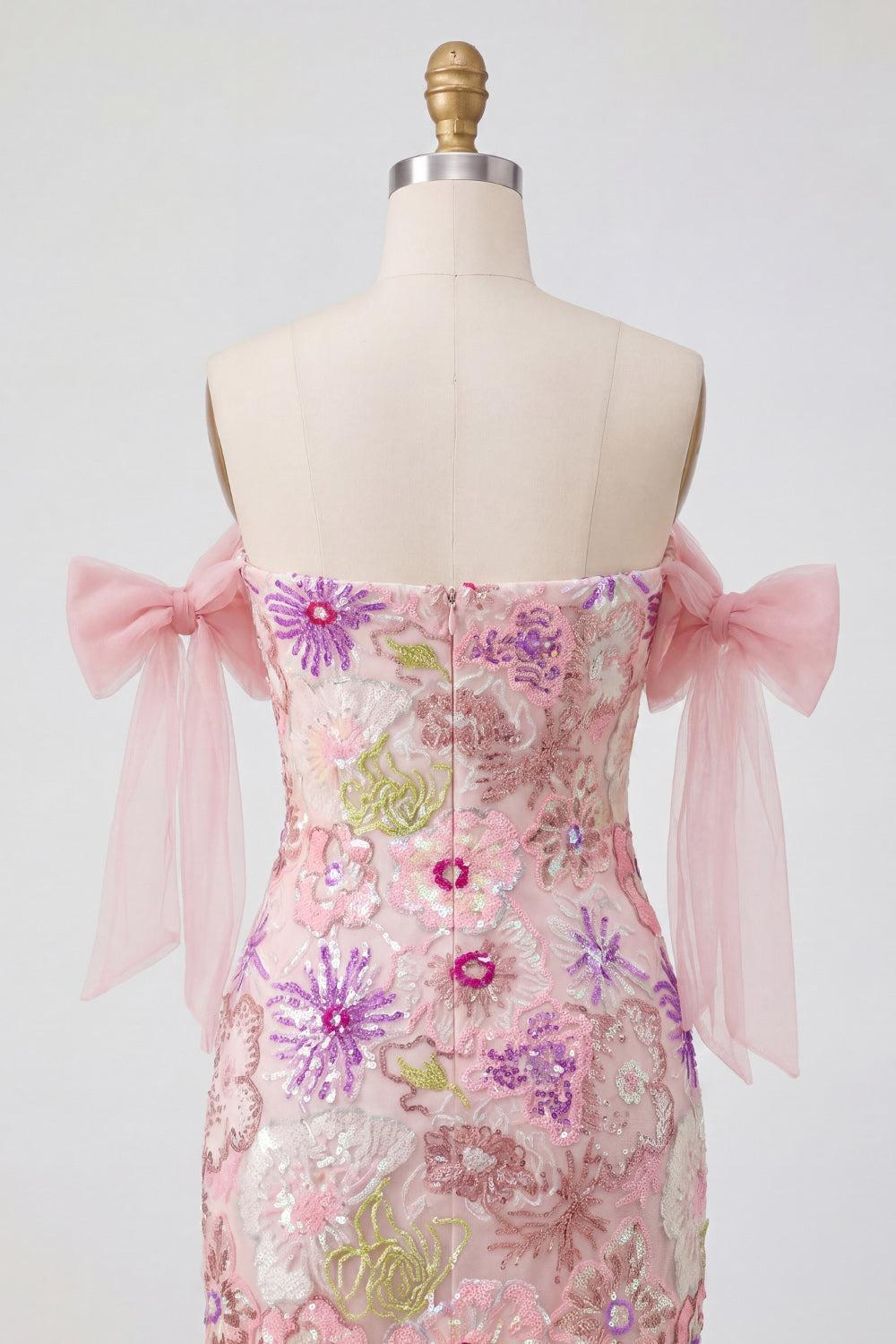 Dressystars Pink Strapless Floral Beaded Tight Short Homecoming Dress with Bows