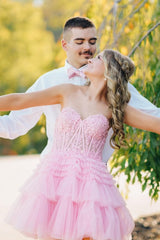 Dressystars Pink Sweetheart A Line Corset Tiered Short Homecoming Dress
