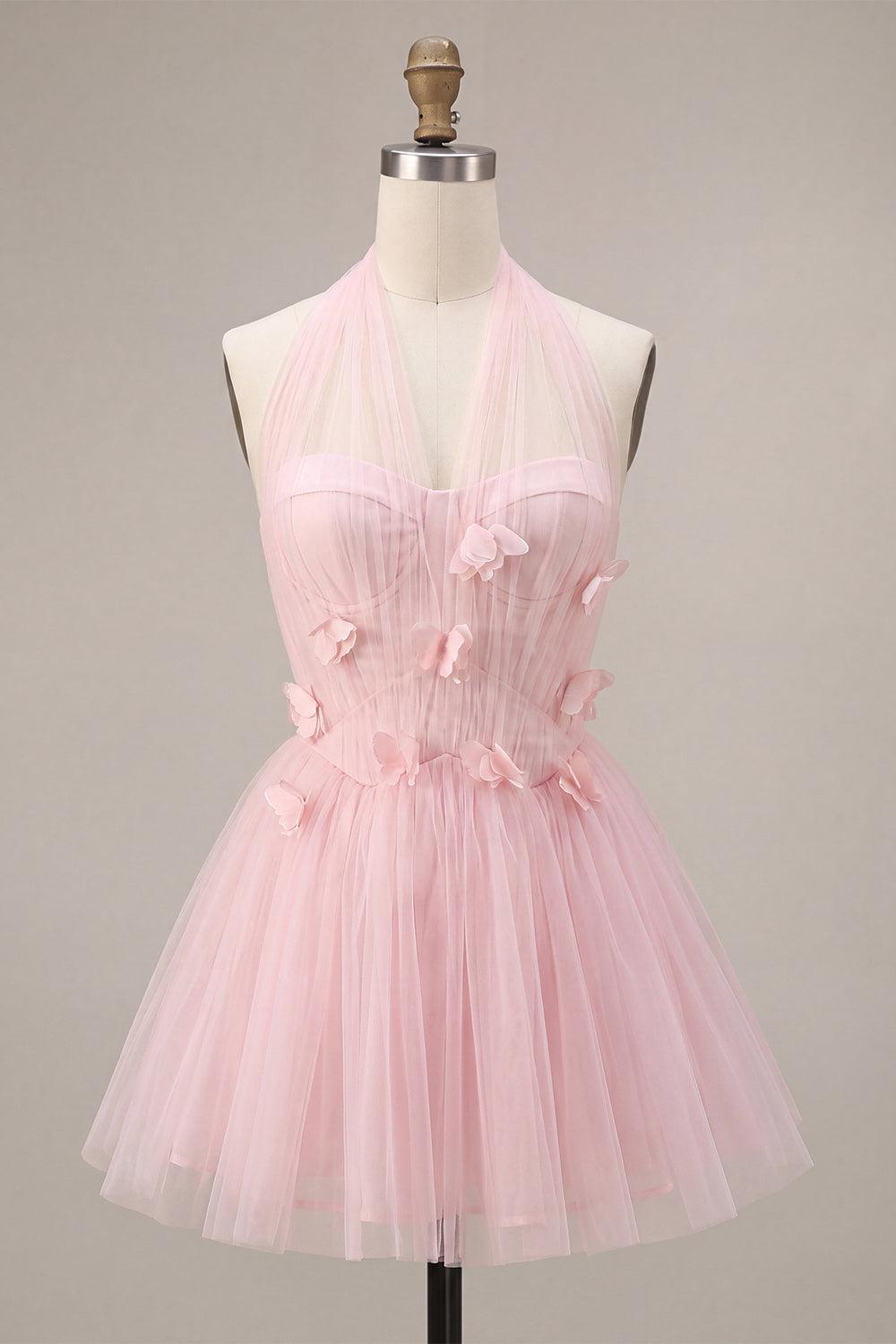 Dressystars Pink Tulle A-Line Halter Short Homecoming Dress with 3D Flowers