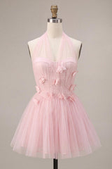 Dressystars Pink Tulle A-Line Halter Short Homecoming Dress with 3D Flowers
