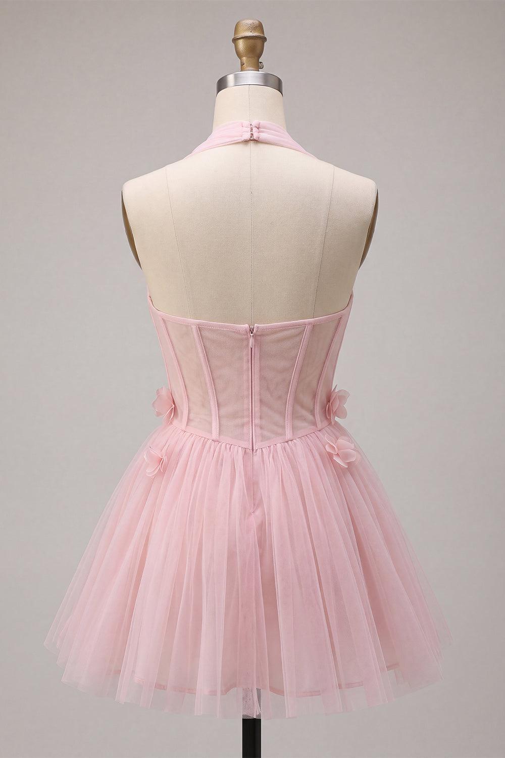 Dressystars Pink Tulle A-Line Halter Short Homecoming Dress with 3D Flowers