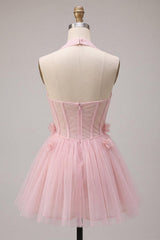 Dressystars Pink Tulle A-Line Halter Short Homecoming Dress with 3D Flowers