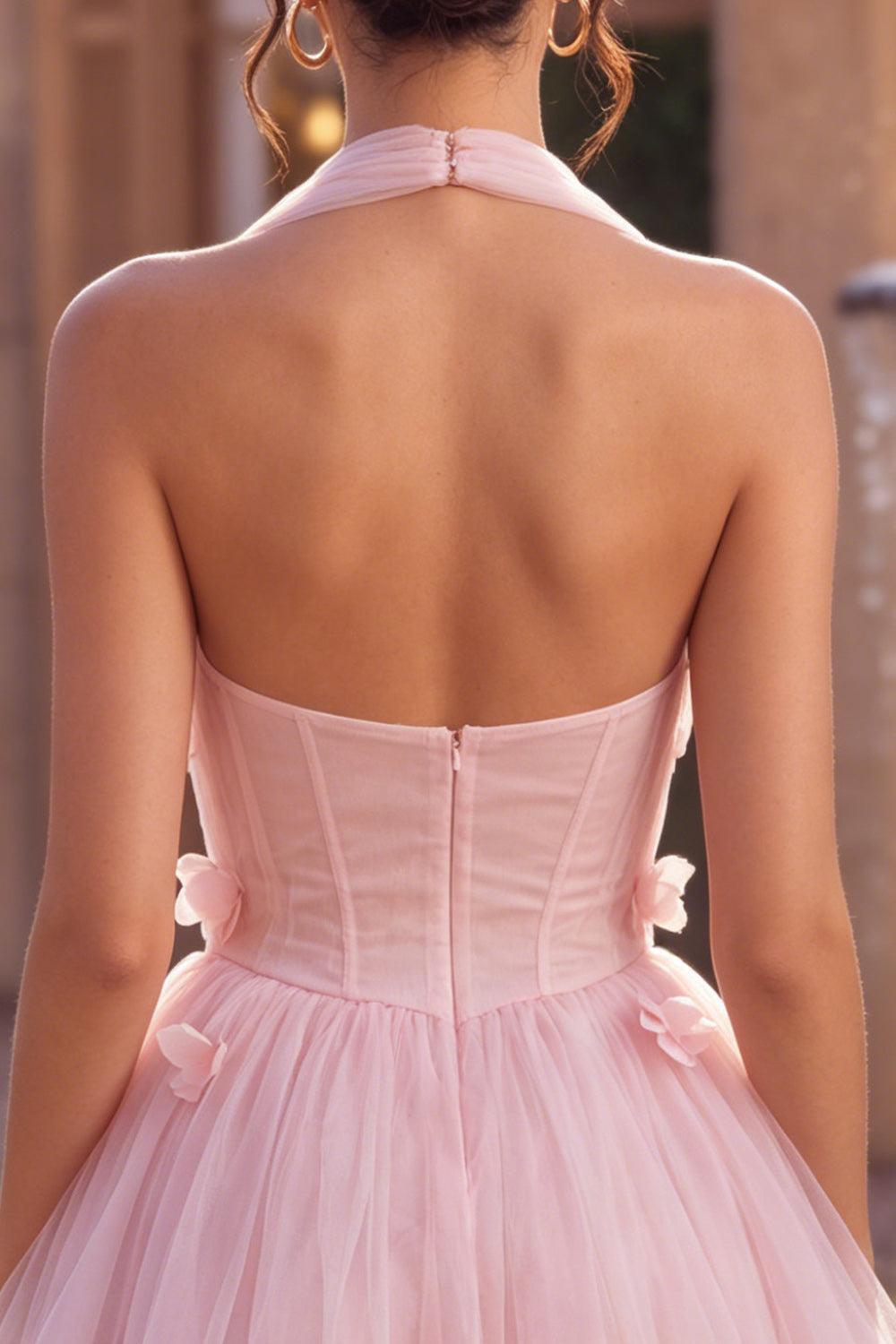 Dressystars Pink Tulle A-Line Halter Short Homecoming Dress with 3D Flowers