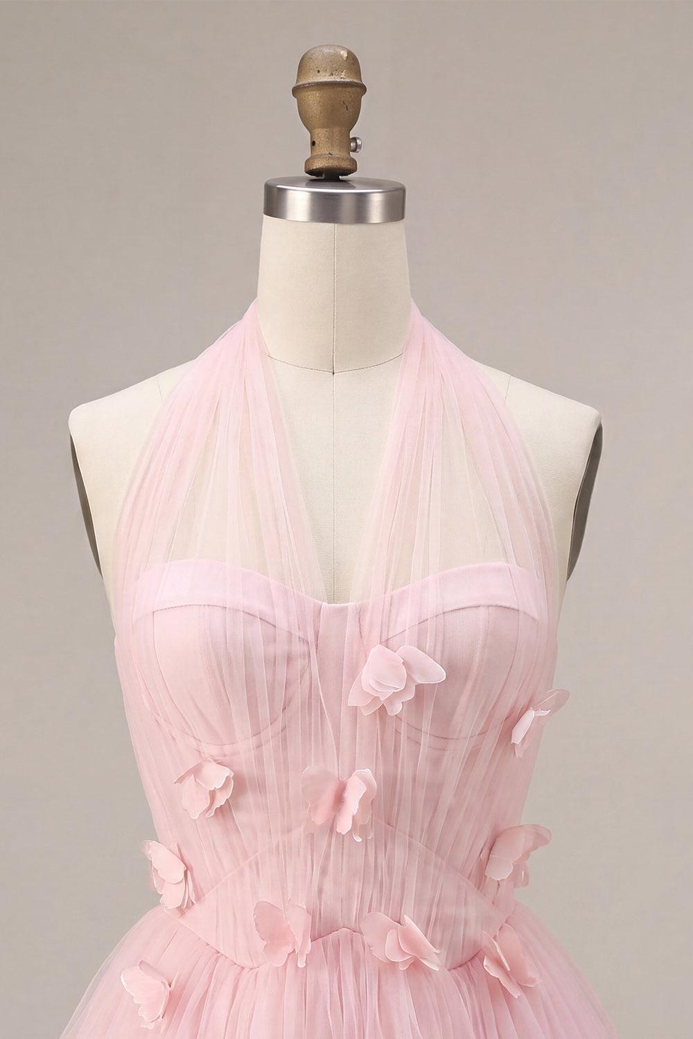 Dressystars Pink Tulle A-Line Halter Short Homecoming Dress with 3D Flowers