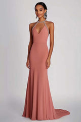 Dressystars Pink Wedding Guest Dress Halter Neck Sheath Long Formal Dress With Beading