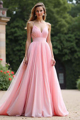 Dressystars Pink Wedding Guest Dress V-Neck A Line Ruched Long Formal Dress