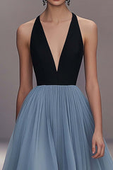 Dressystars Pleated Tulle V Neck Black Blue Wedding Guest Dress Long Formal Dress
