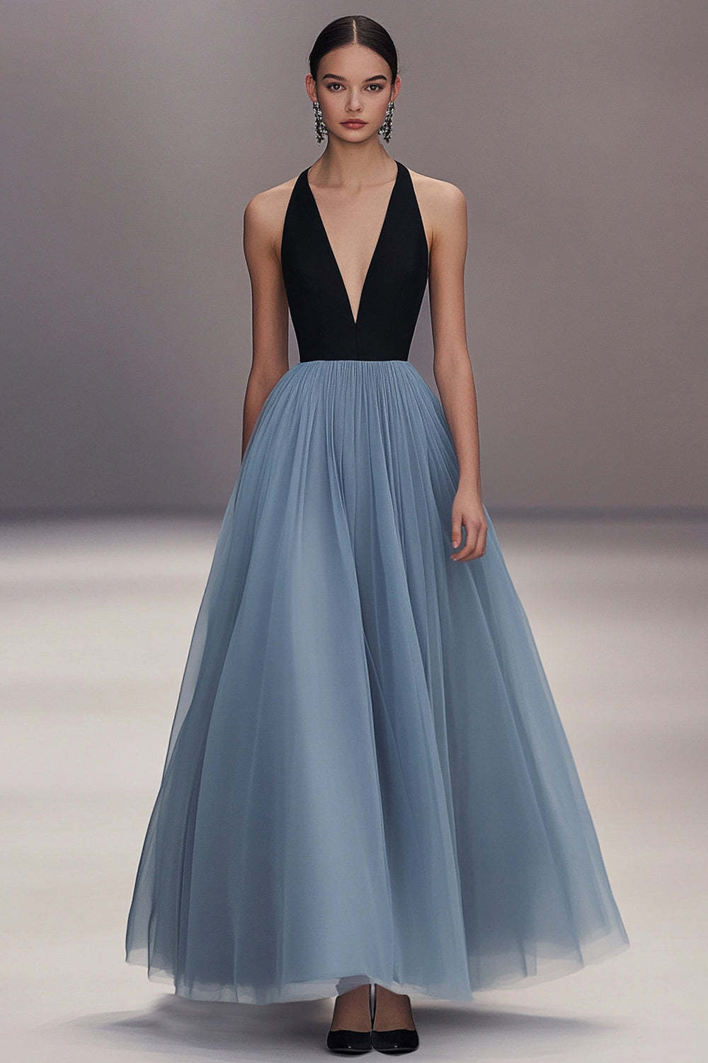 Dressystars Pleated Tulle V Neck Black Blue Wedding Guest Dress Long Formal Dress