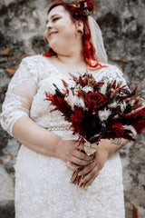 Dressystars Plus Size Wedding Dress 3/4 Sleeve Tulle Mermaid Bridal Gown with Lace Appliques