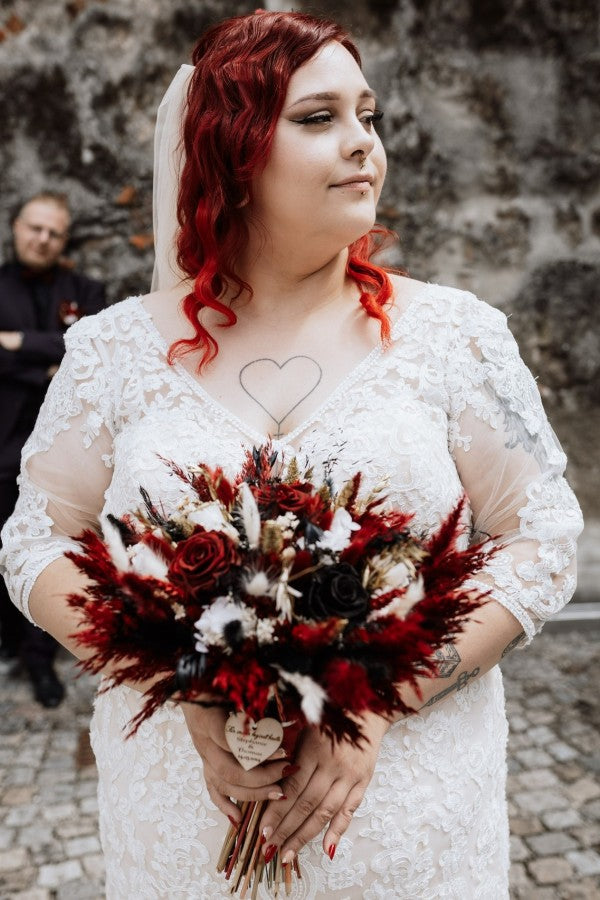 Dressystars Plus Size Wedding Dress 3/4 Sleeve Tulle Mermaid Bridal Gown with Lace Appliques