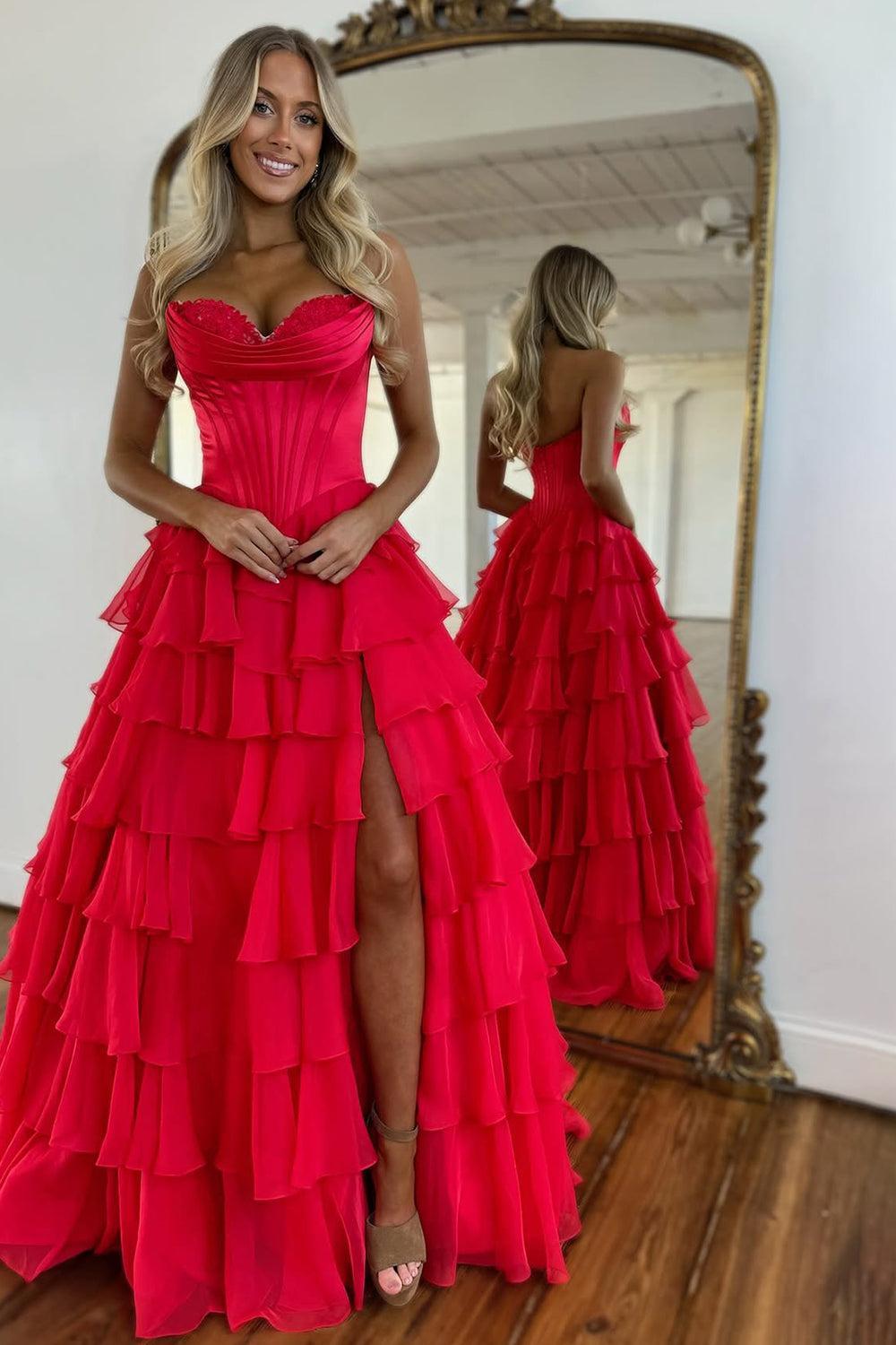 Dressystars Pretty Sweetheart A-Line Satin Top Long Layered Chiffon Prom Dress With Slit Formal Evening Gown