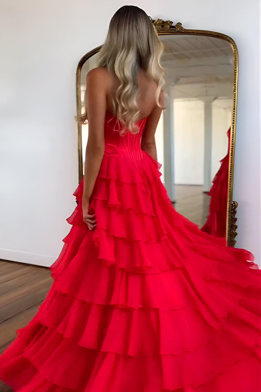 Dressystars Pretty Sweetheart A-Line Satin Top Long Layered Chiffon Prom Dress With Slit Formal Evening Gown