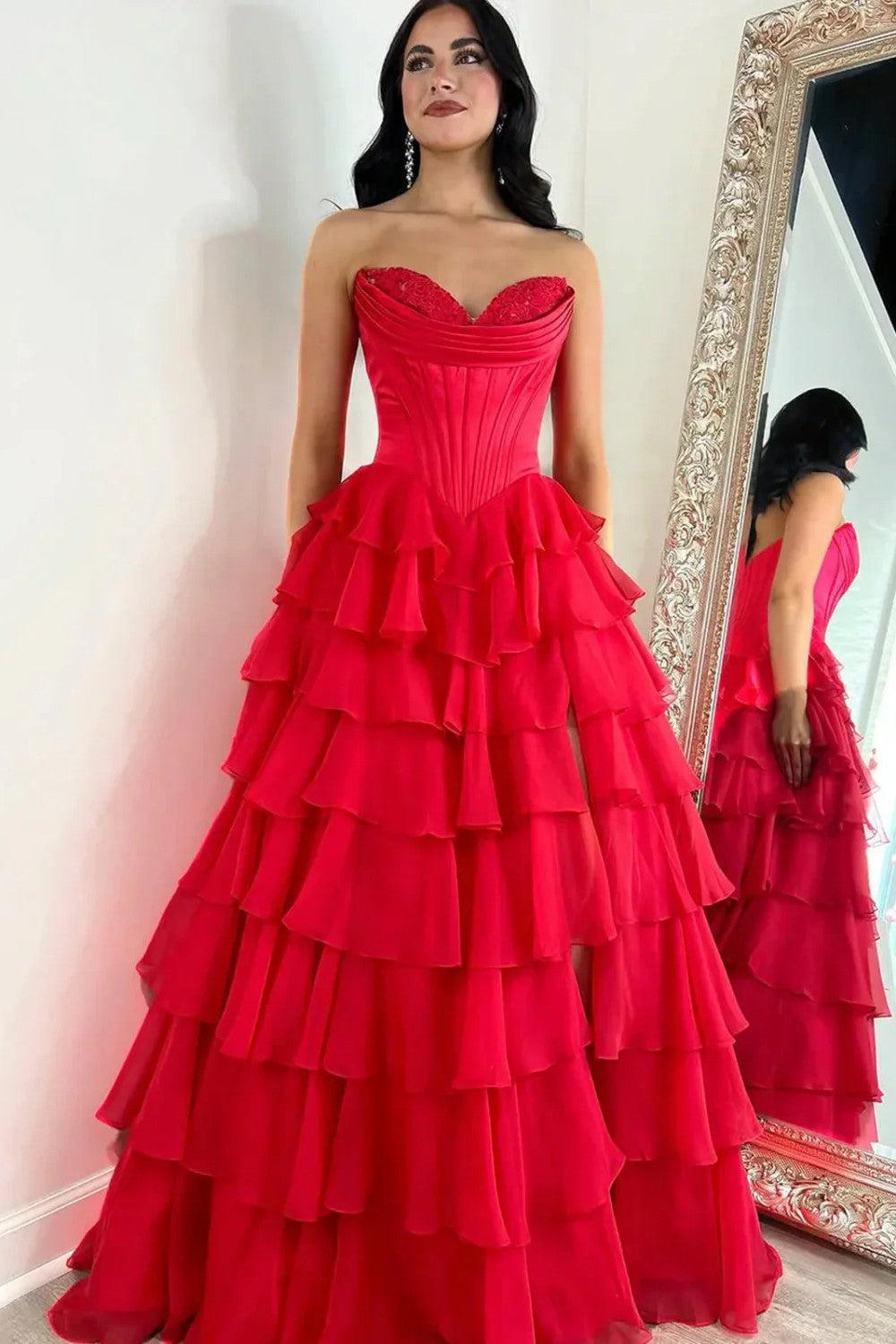 Dressystars Pretty Sweetheart A-Line Satin Top Long Layered Chiffon Prom Dress With Slit Formal Evening Gown