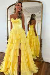 Dressystars Pretty Sweetheart A-Line Satin Top Long Layered Chiffon Prom Dress With Slit Formal Evening Gown
