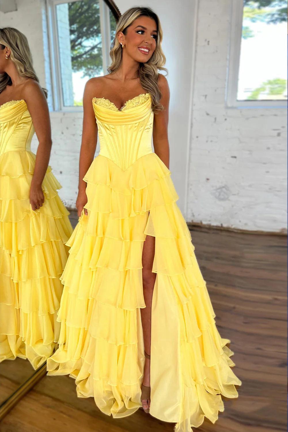 Dressystars Pretty Sweetheart A-Line Satin Top Long Layered Chiffon Prom Dress With Slit Formal Evening Gown